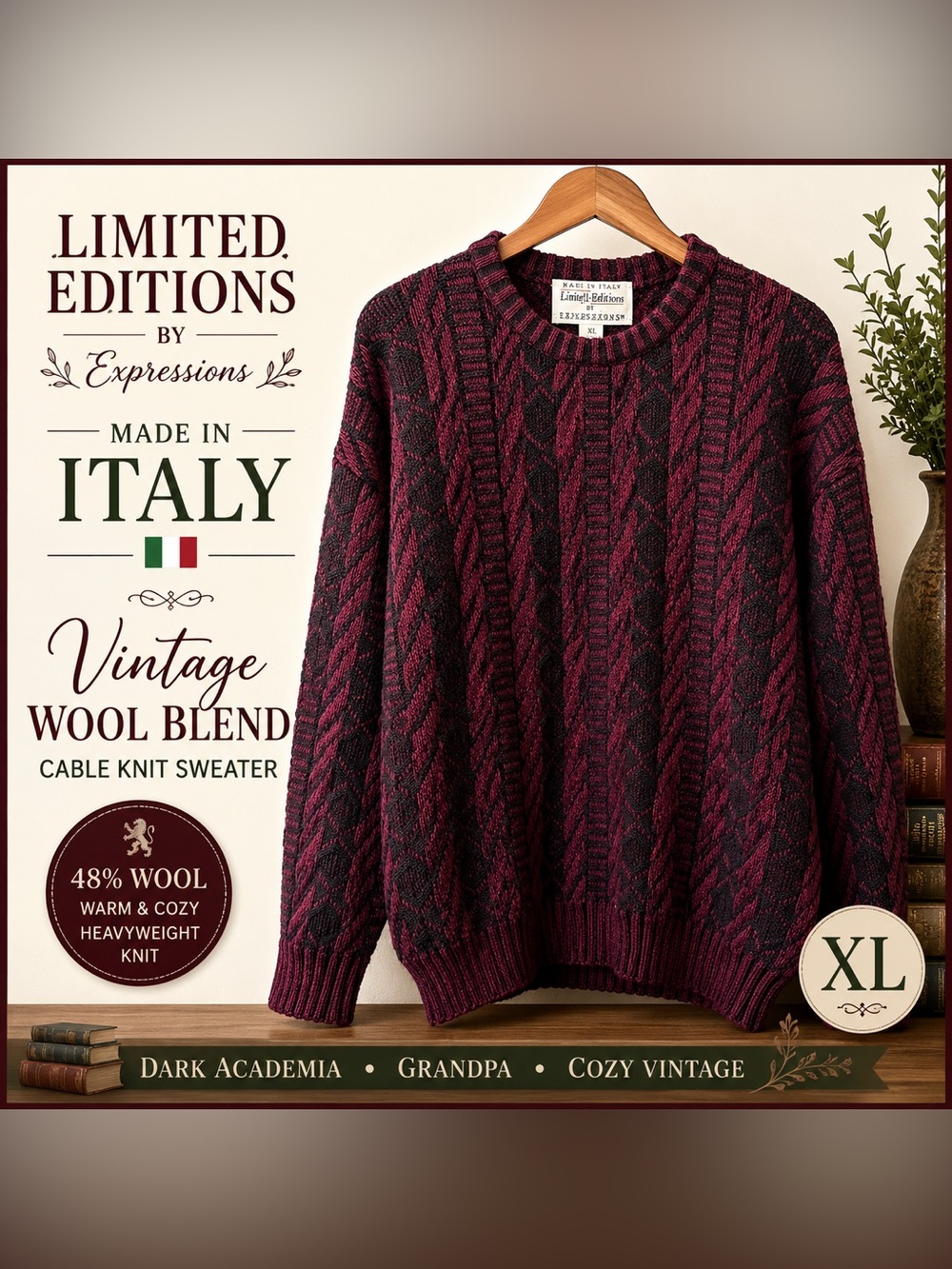 Expressions Men’s Cable Knit Wool Crewneck Sweater Burgundy Black Made Italy
